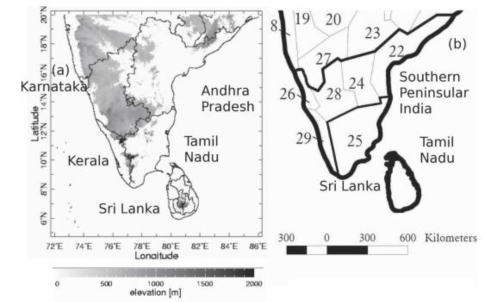 Figure 1: A representation of peninsular India that includes the subdivisions of Coastal Andhra Pradesh (22), Rayalseema (24), South Interior Karnataka (28), Coastal Karnataka (26), Kerala (29), and Tamil Nadu (25).